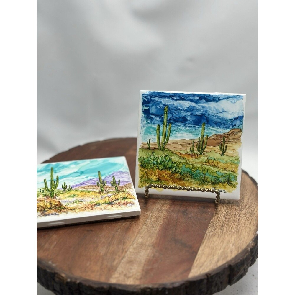Original Paintings Signed On Tile Susan Wakefield Desert Southwest Wildflowers 2